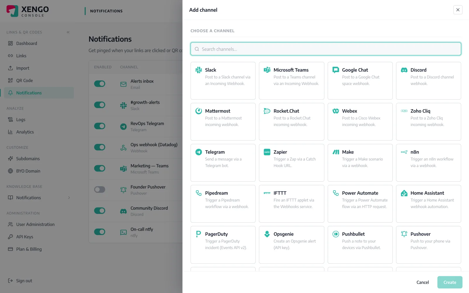 The xengo console's Add channel picker showing all 24 integration channels